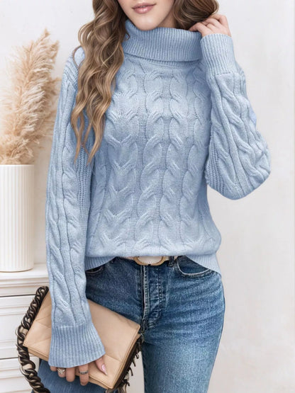 Cable Knit Turtleneck Long Sleeve Sweater-Nordavory