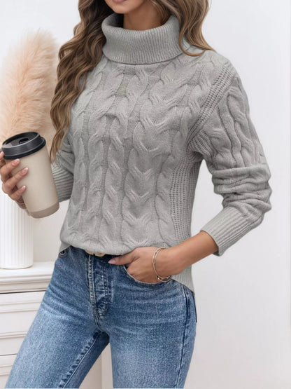 Cable Knit Turtleneck Long Sleeve Sweater-Nordavory