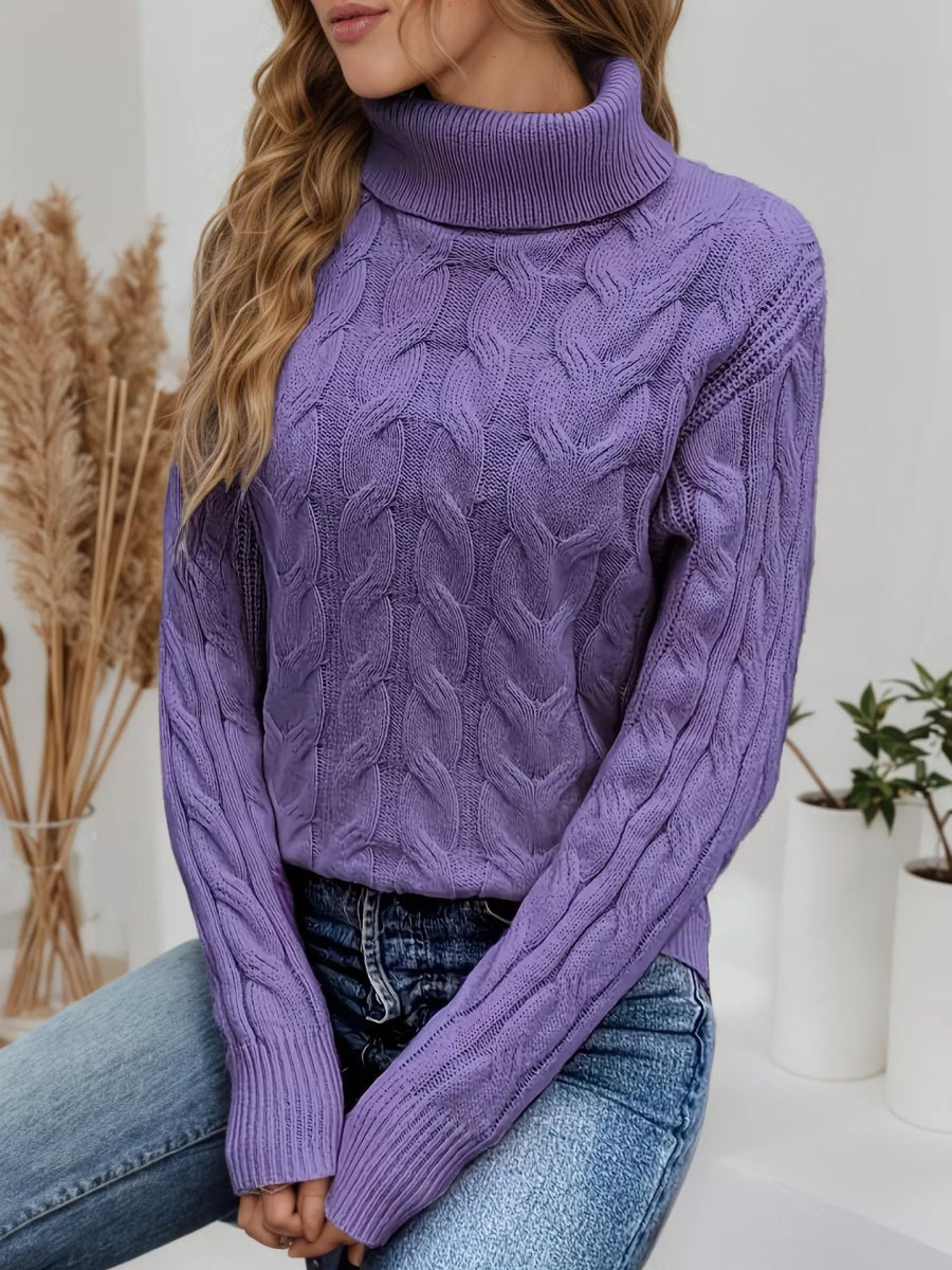 Cable Knit Turtleneck Long Sleeve Sweater-Nordavory