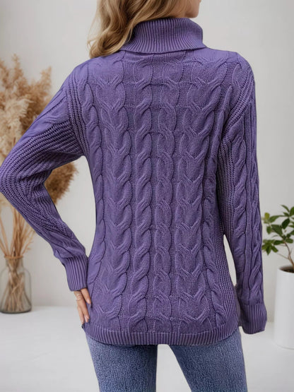 Cable Knit Turtleneck Long Sleeve Sweater-Nordavory