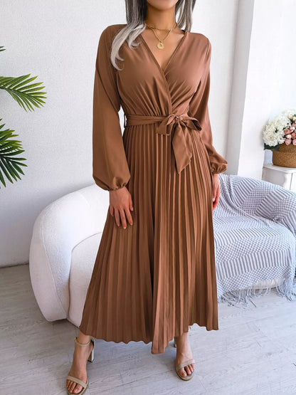 Elegant Pleated Front Tie Long Sleeve Dress-Nordavory
