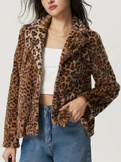 Fuzzy Leopard Collared Neck Jacket-Nordavory