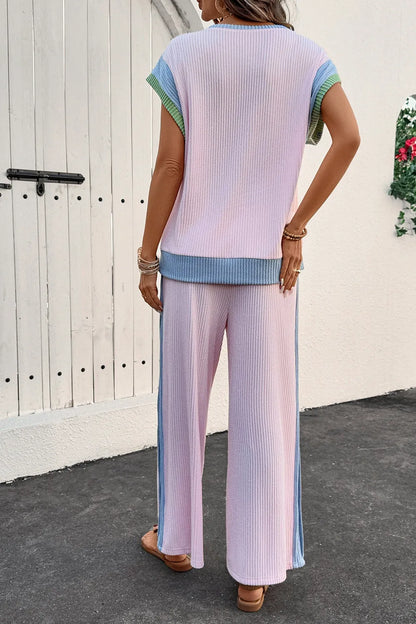 Contrast Round Neck Top and Pants Set-Nordavory