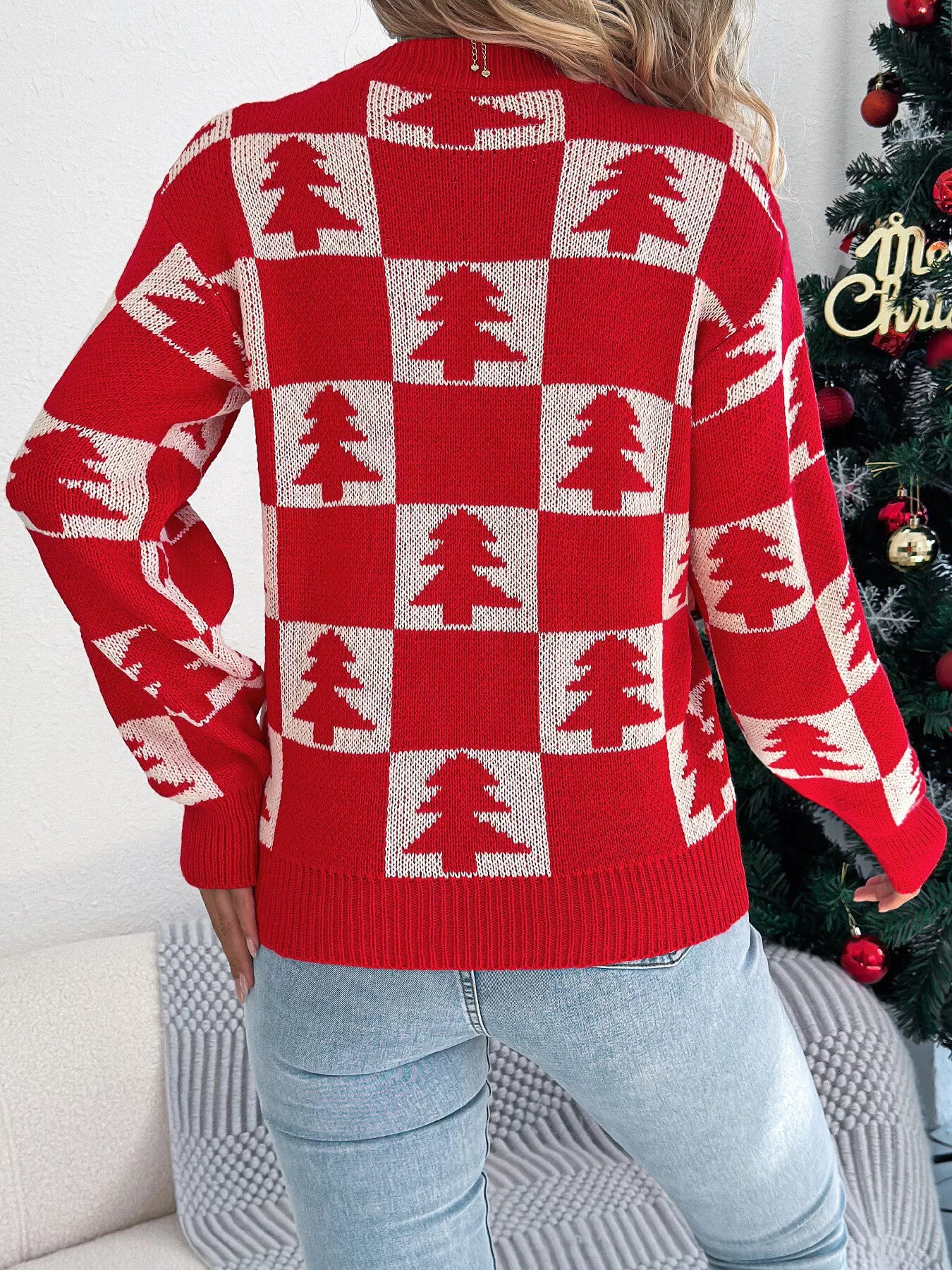Christmas Tree Checkerboard Pattern Sweater-Nordavory