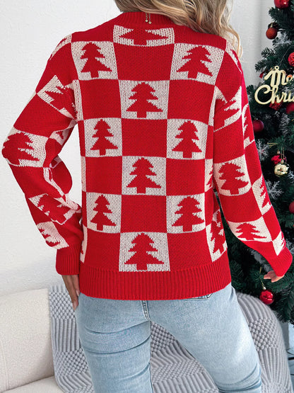 Christmas Tree Checkerboard Pattern Sweater-Nordavory