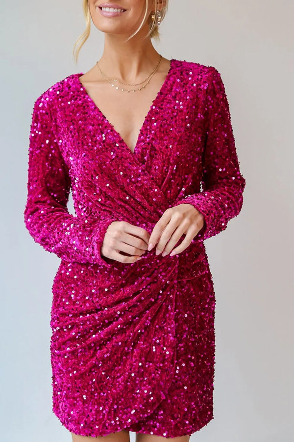Sequin Surplice Long Sleeve Mini Dress-Nordavory