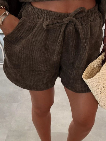 Casual Corduroy Long Sleeve Top and Drawstring Shorts Set-Nordavory