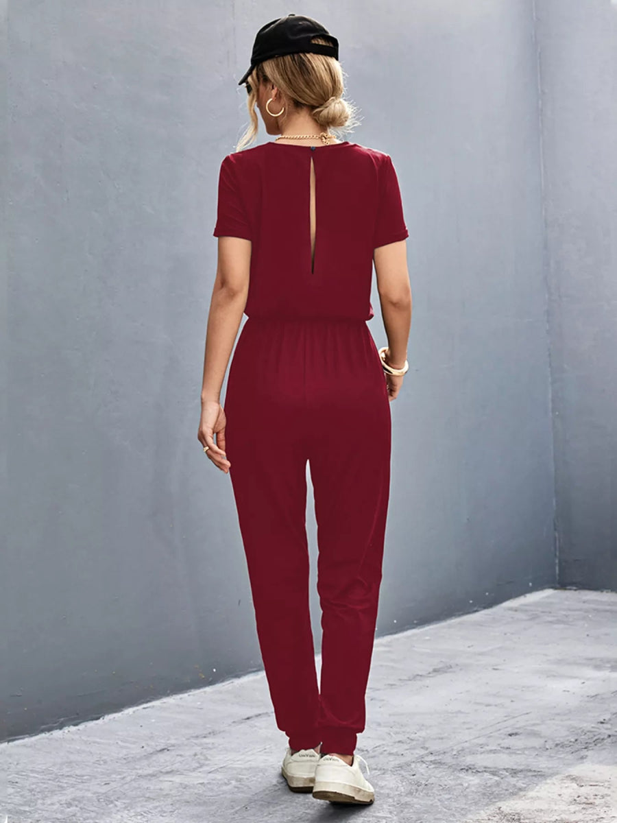 Casual V-Neck Short Sleeve Drawstring Waist Jumpsuit-Nordavory