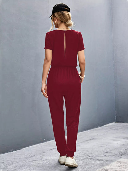 Casual V-Neck Short Sleeve Drawstring Waist Jumpsuit-Nordavory