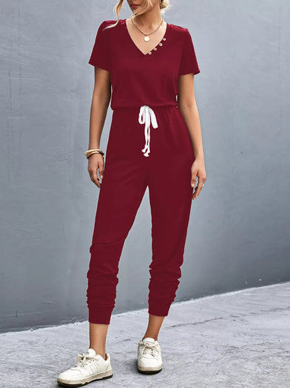 Casual V-Neck Short Sleeve Drawstring Waist Jumpsuit-Nordavory