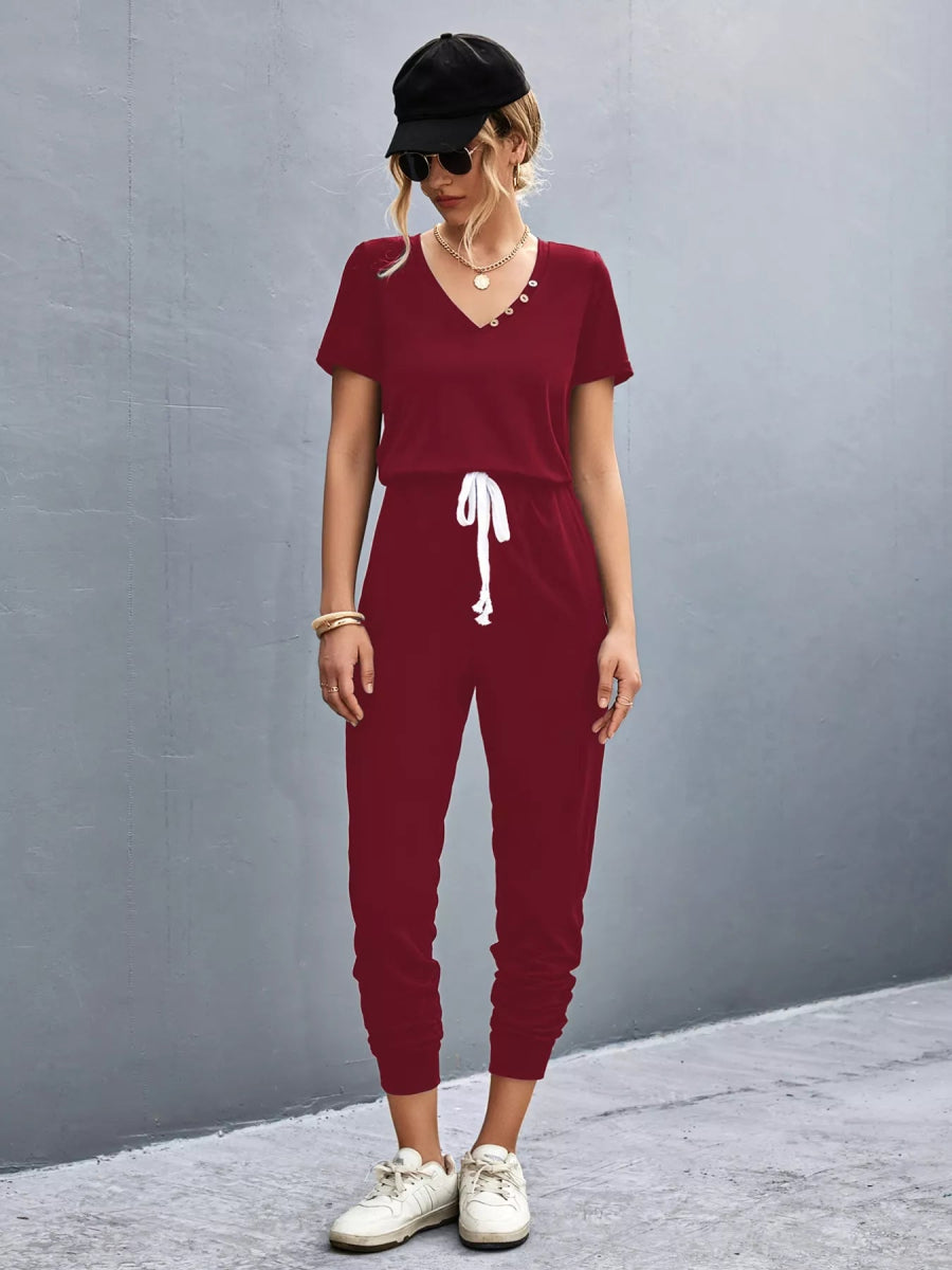 Casual V-Neck Short Sleeve Drawstring Waist Jumpsuit-Nordavory
