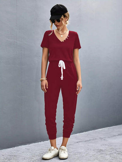 Casual V-Neck Short Sleeve Drawstring Waist Jumpsuit-Nordavory