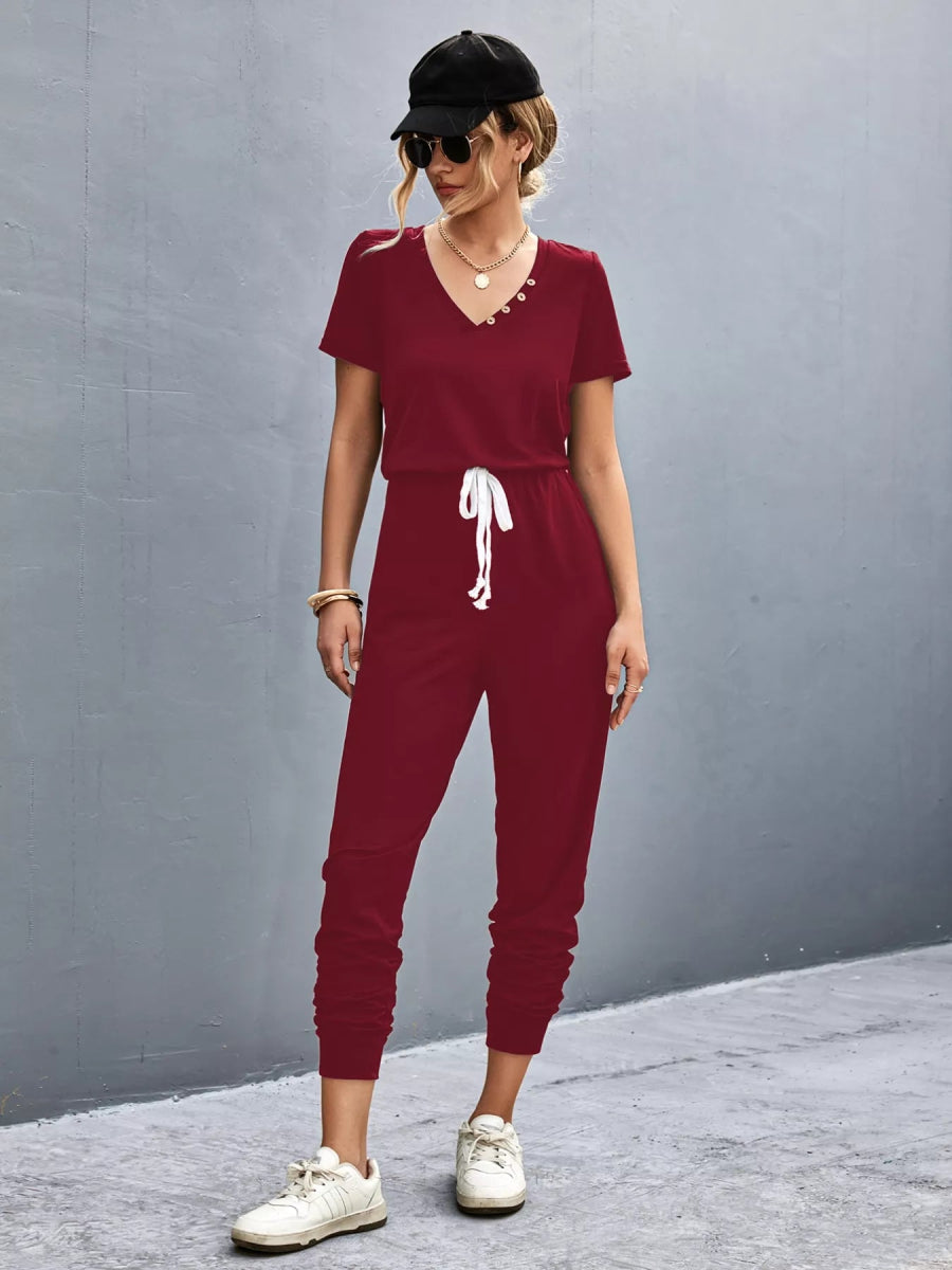 Casual V-Neck Short Sleeve Drawstring Waist Jumpsuit-Nordavory