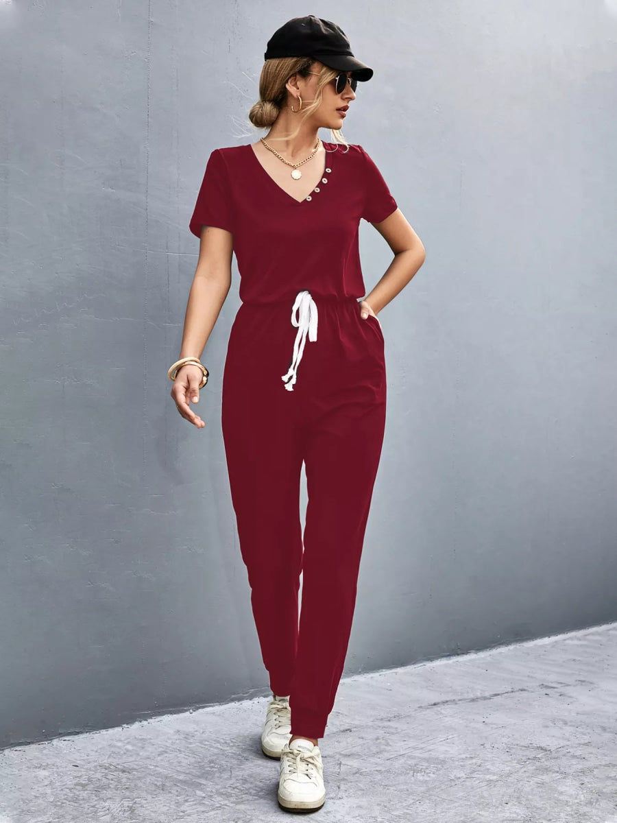Casual V-Neck Short Sleeve Drawstring Waist Jumpsuit-Nordavory