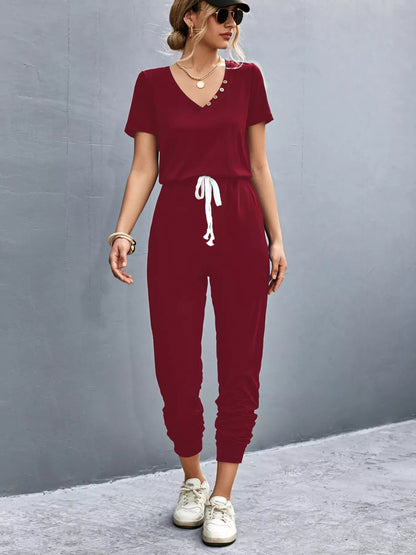 Casual V-Neck Short Sleeve Drawstring Waist Jumpsuit-Nordavory
