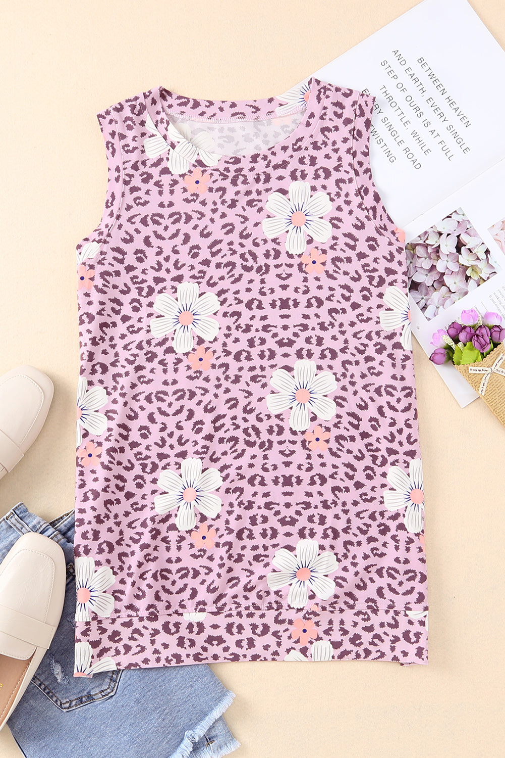 Printed Side Slit Round Neck Tank-Nordavory