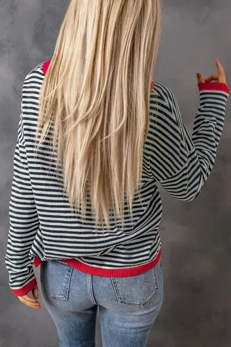 Striped Round Neck Drop Shoulder T-Shirt-Nordavory
