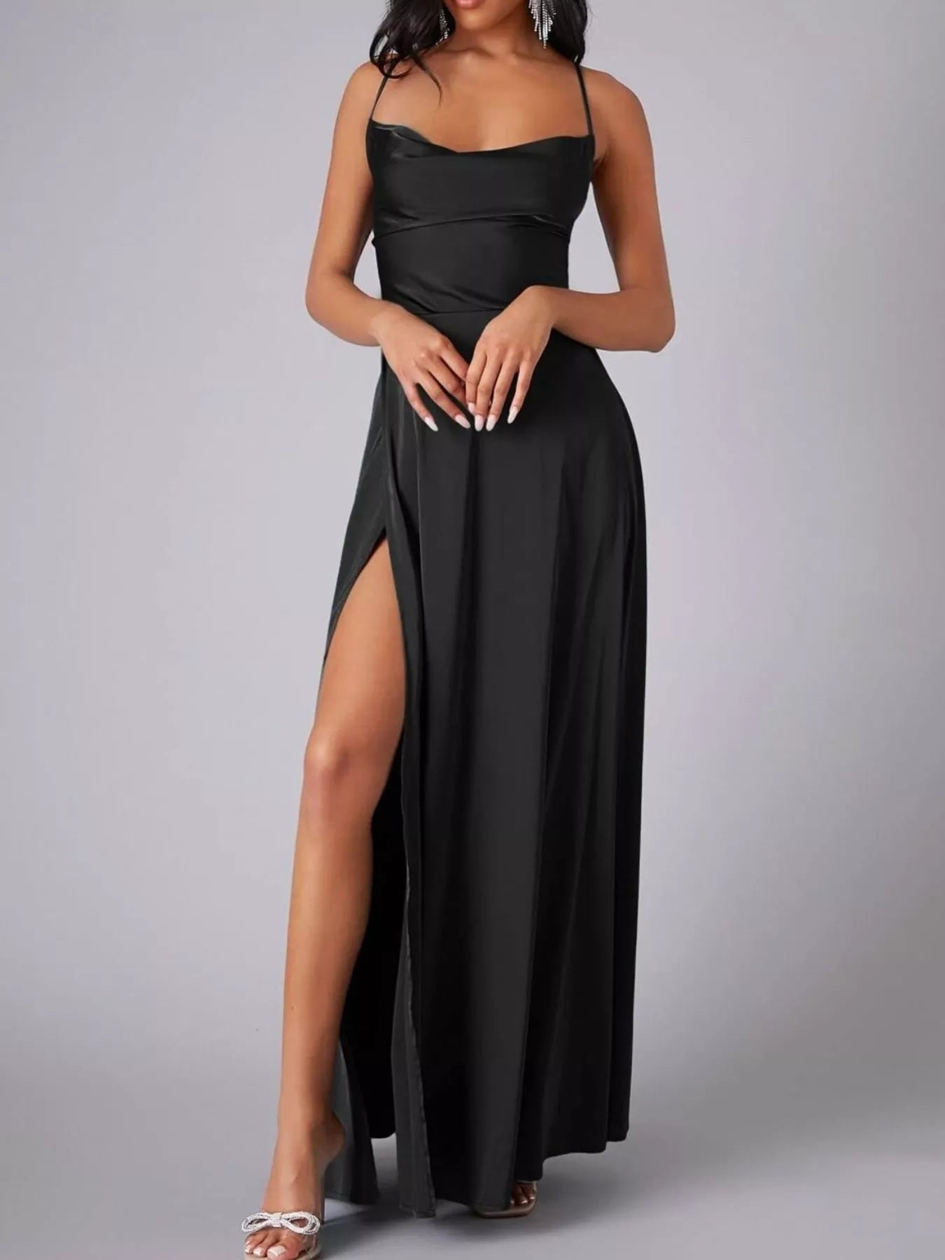 Lace Up Back Split Maxi Dress-Nordavory