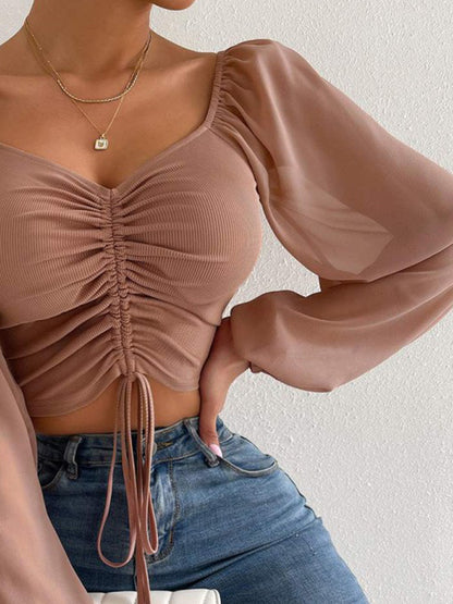 Drawstring Sweetheart Neck Cropped Top-Nordavory
