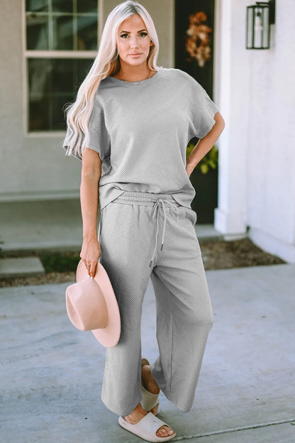 Double Take Full Size Texture Short Sleeve Top and Pants Set-Nordavory