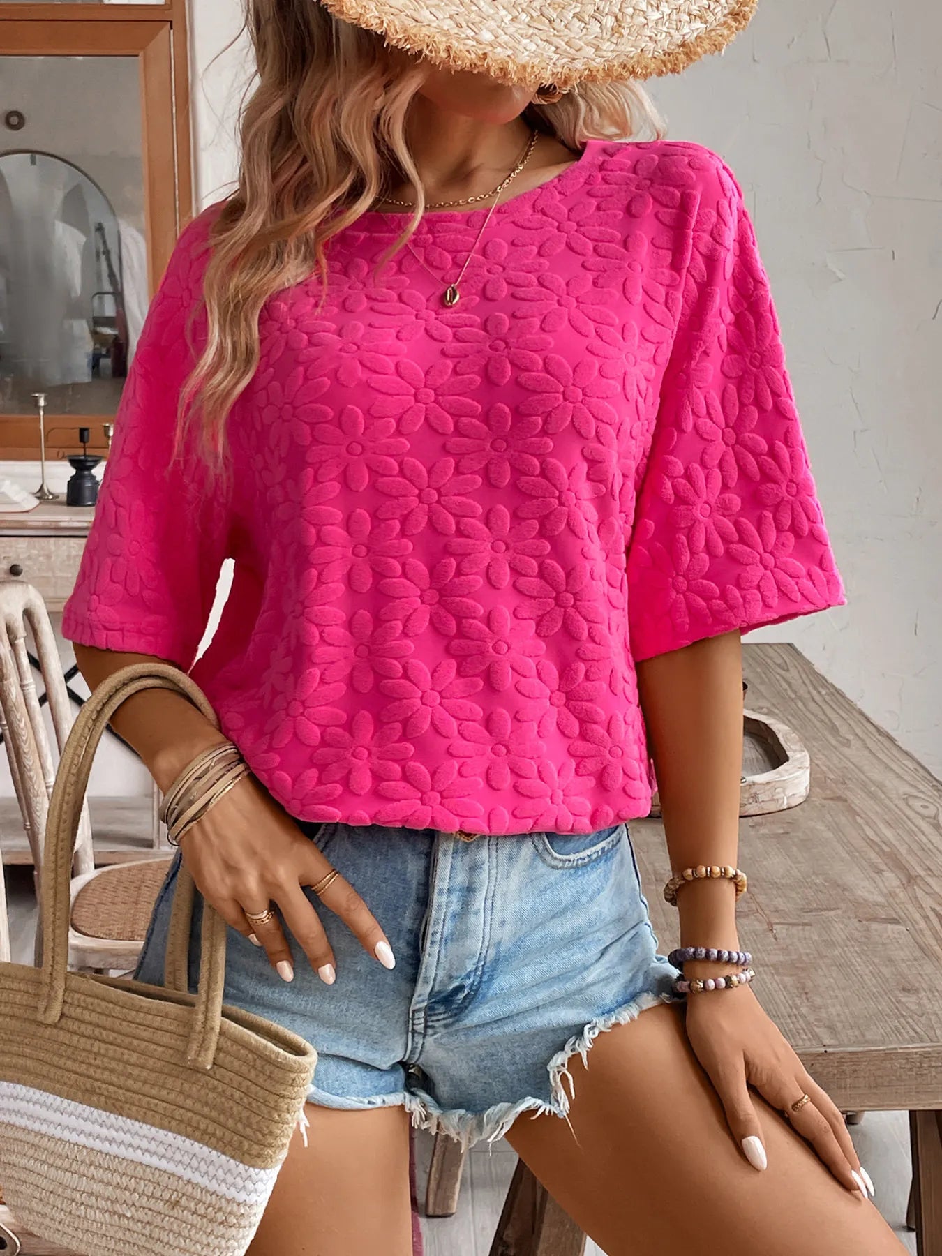 Textured Round Neck Oversized T-Shirt-Nordavory