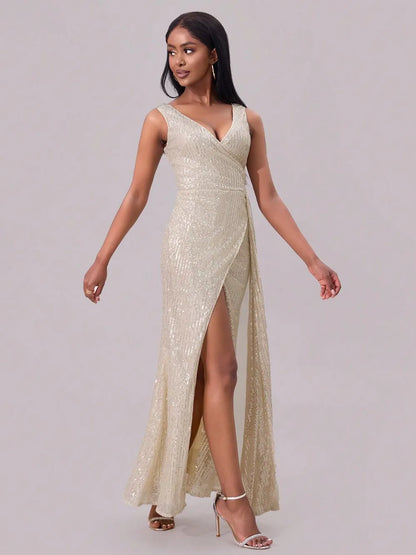 Slit Sequin Surplice Sleeveless Maxi Dress-Nordavory