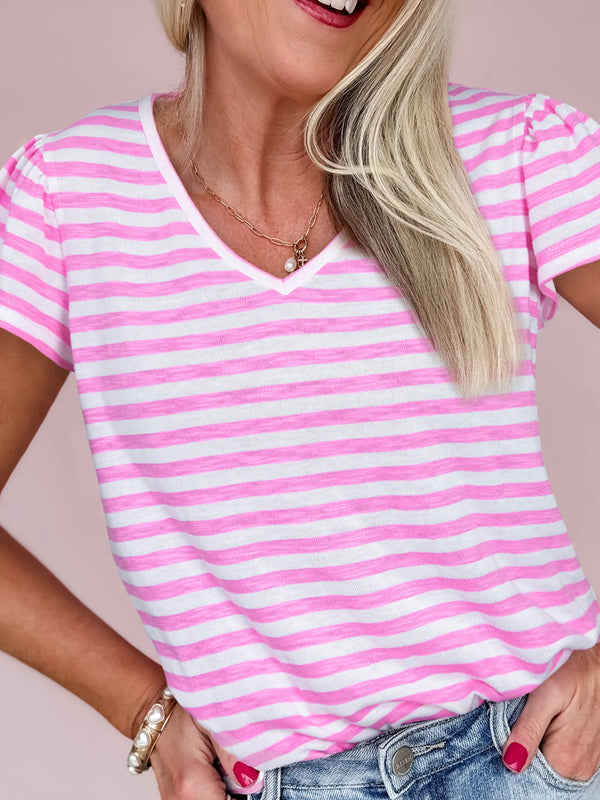 Striped V-Neck T-Shirt-Nordavory