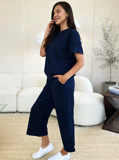Double Take Full Size Texture Short Sleeve Top and Pants Set-Nordavory
