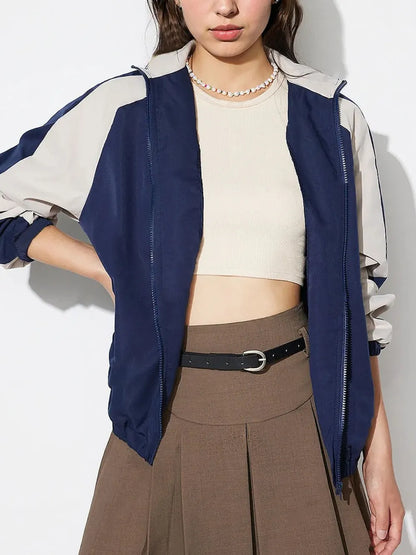 Contrast Zip Up Collared Neck Long Sleeve Jacket-Nordavory