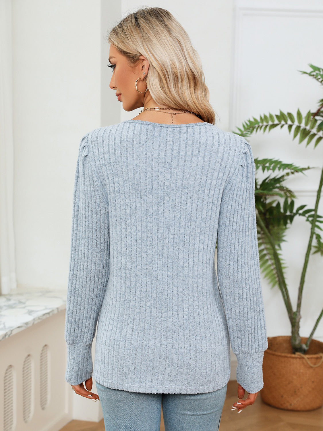 Lace Detail V-Neck Ribbed Blouse-Nordavory