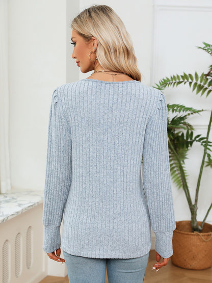 Lace Detail V-Neck Ribbed Blouse-Nordavory