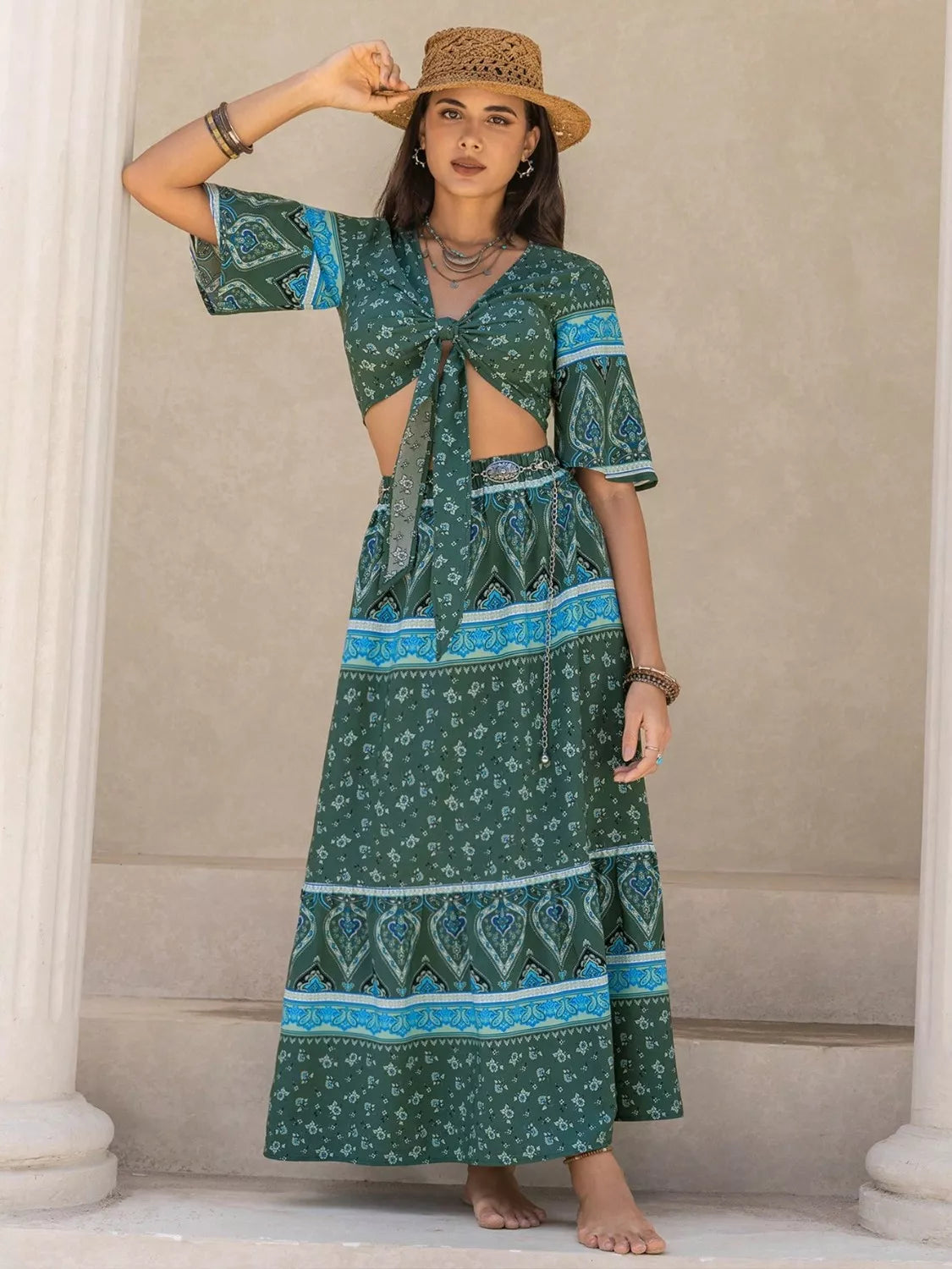 Tie Front Half Sleeve Top and Skirt Set-Nordavory