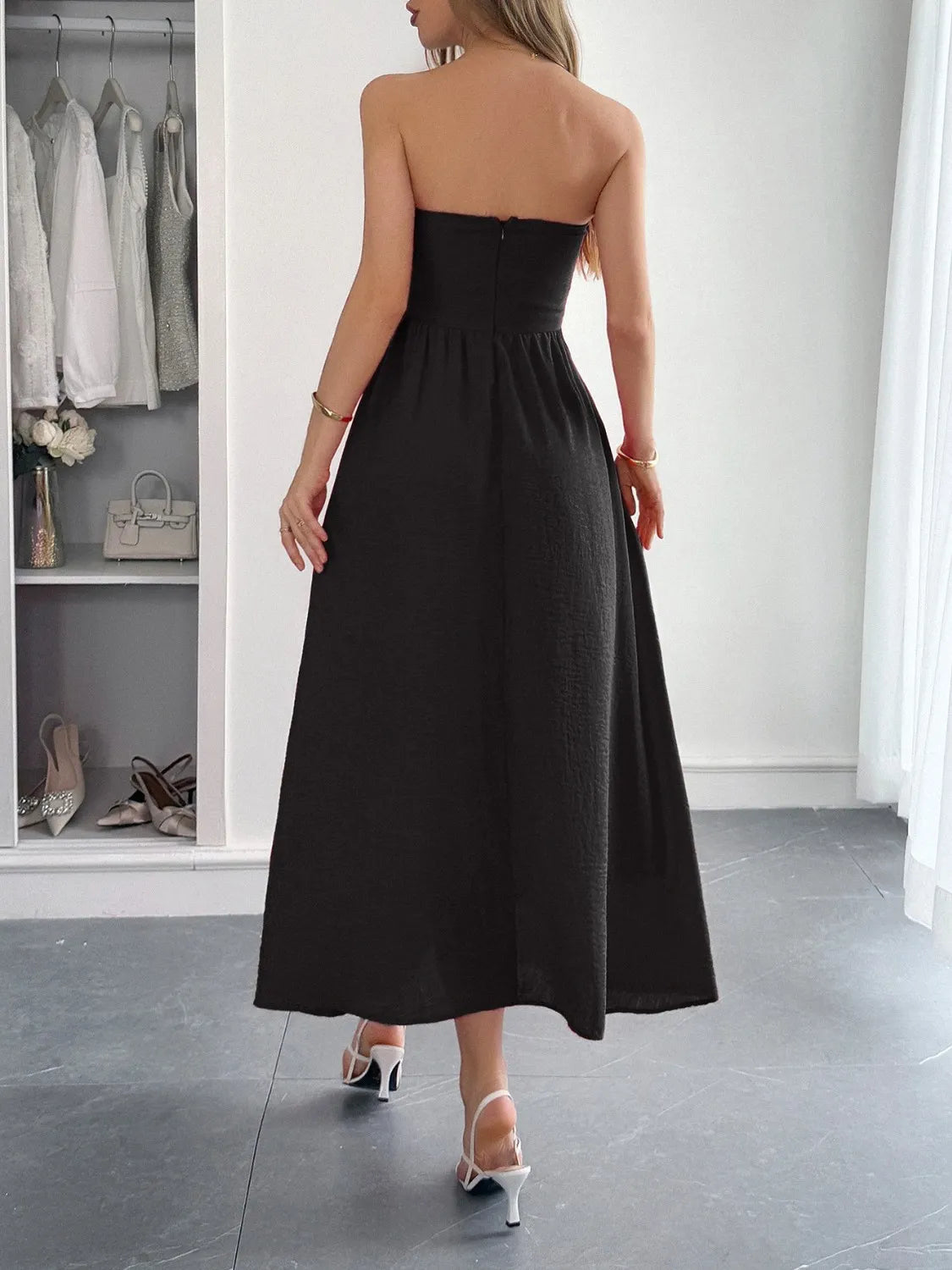 Strapless A-Line Midi Dress with Pockets-Nordavory