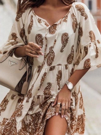 Paisley Print Tie Neck Half Sleeve Mini Dress-Nordavory