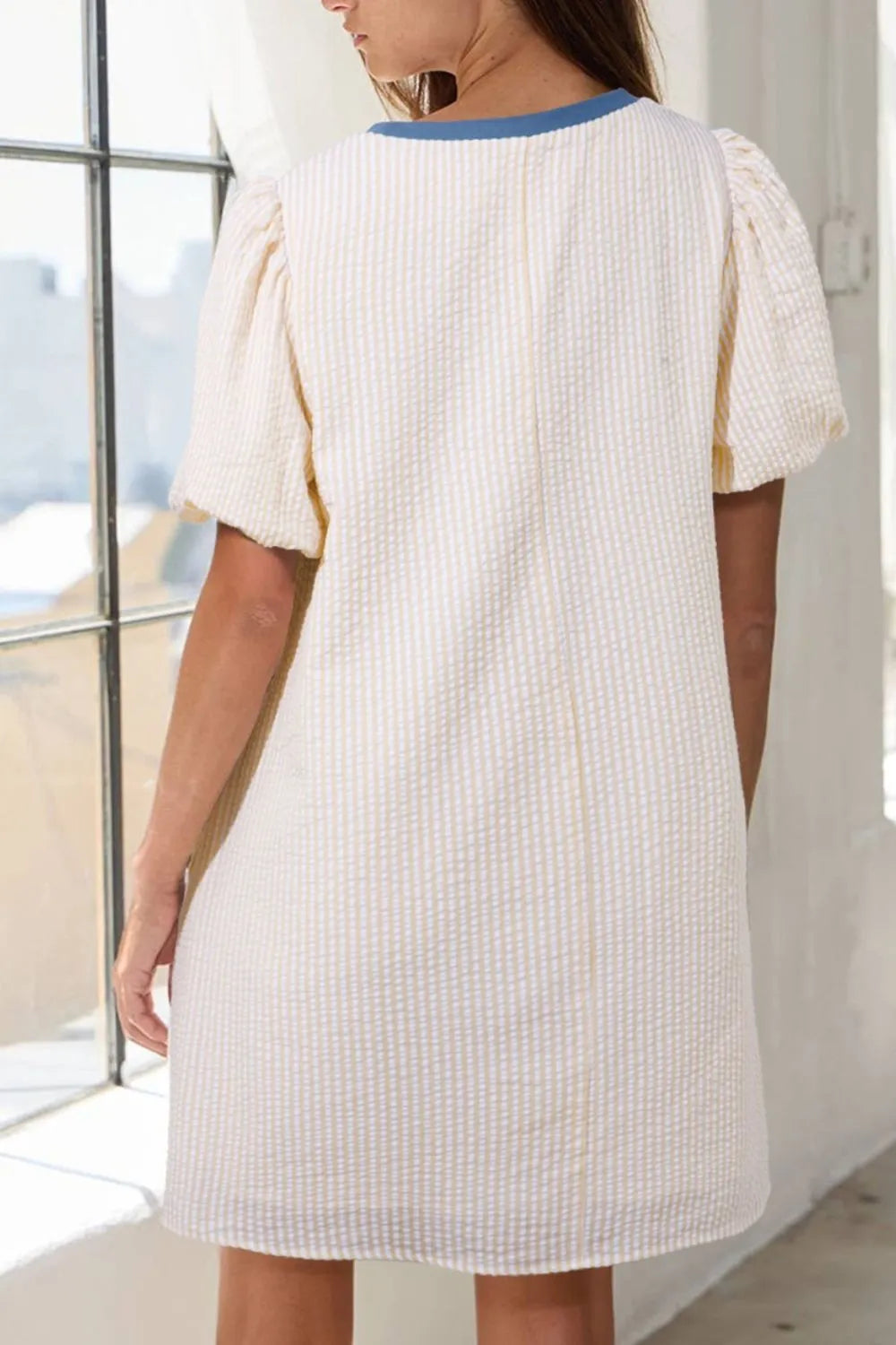 Stripe Seersucker Contrast Round Neck Puff Sleeve T Shirt Dress-Nordavory