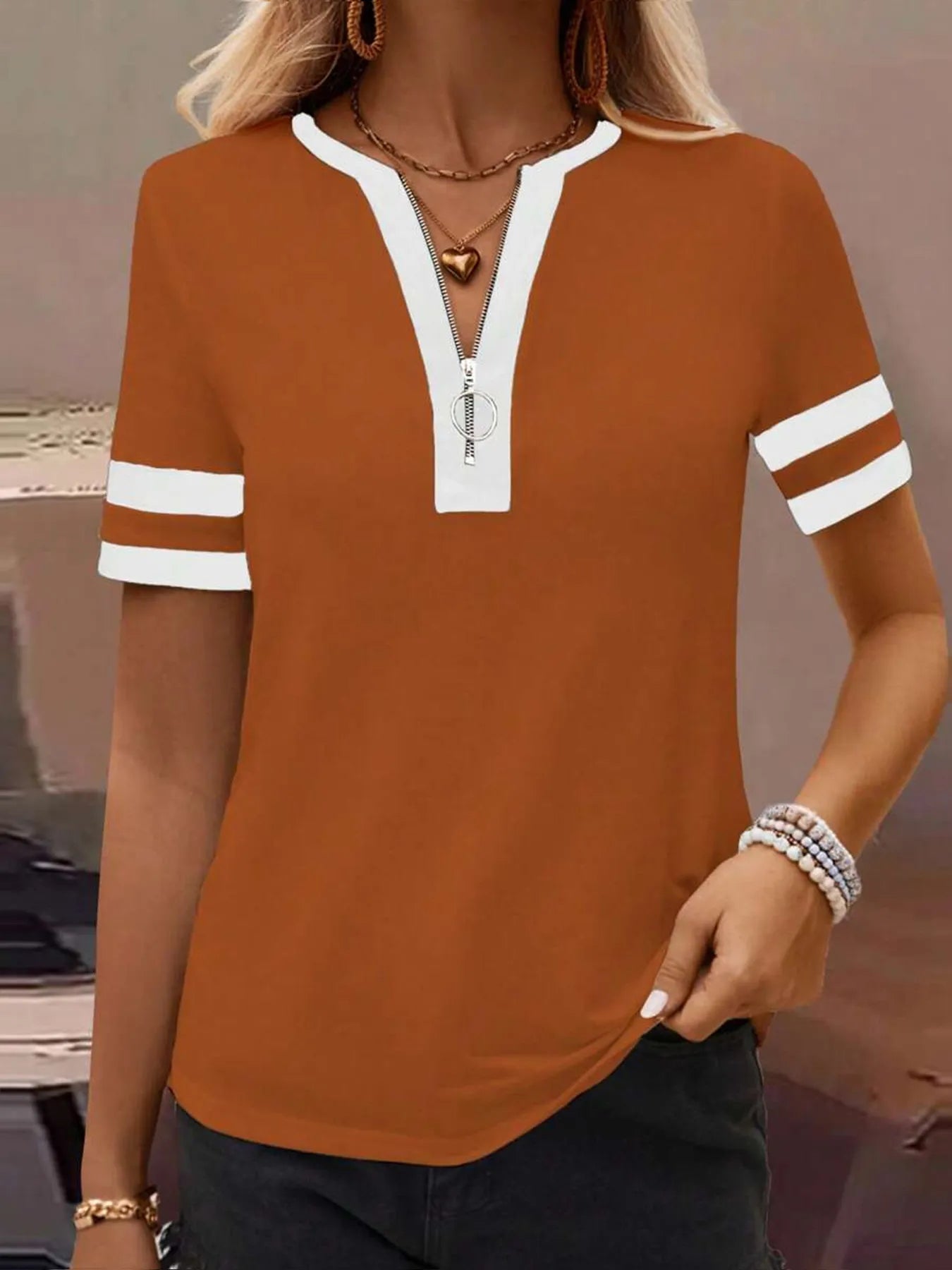 Striped Short Sleeve Half Zip Top-Nordavory