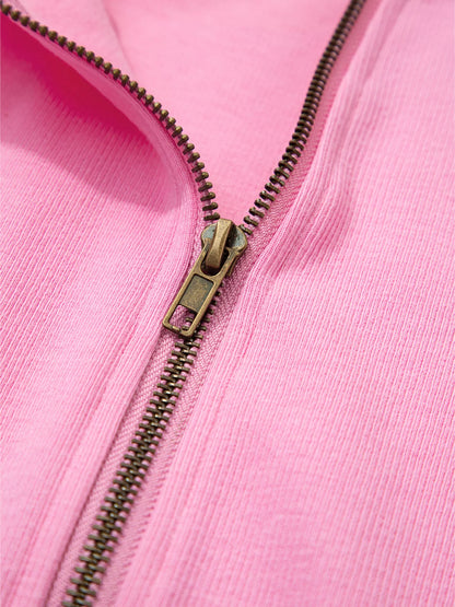 Solid Color Ribbed Zip Up Drawstring Hooded Jacket-Nordavory