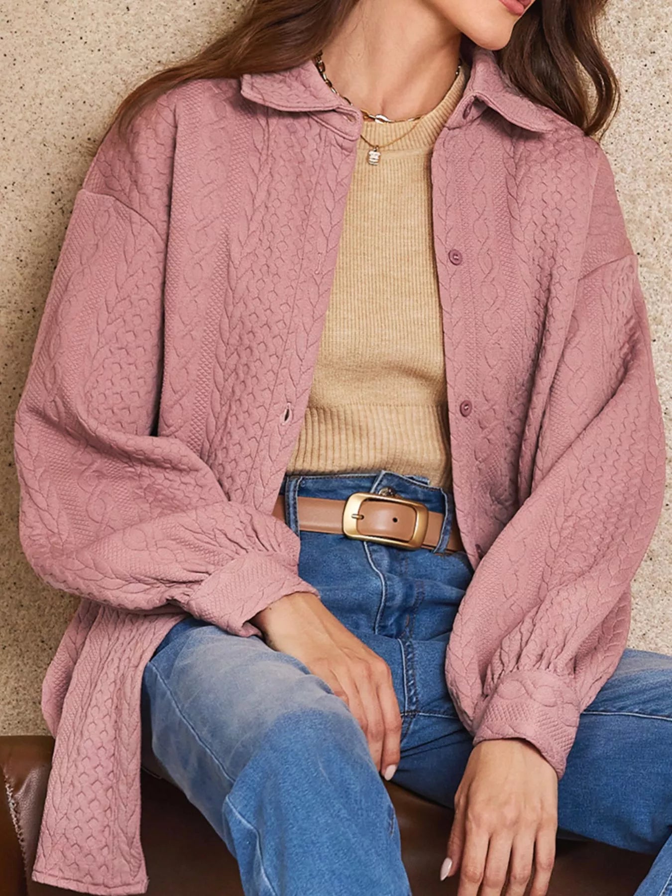 Cable Texture Puff Sleeve Loose Shacket-Nordavory