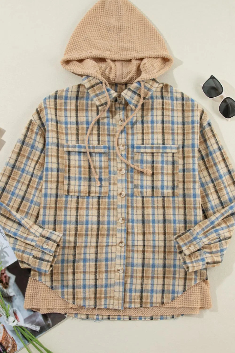 Drawstring Waffle Knit Patchwork Hooded Plaid Shacket-Nordavory