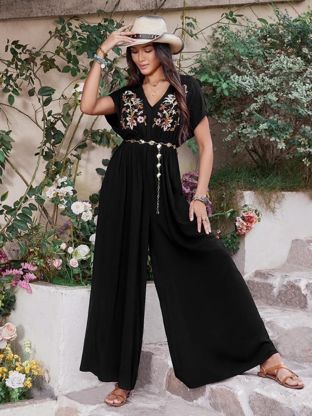 Embroidered Ruched Short Sleeve Jumpsuit-Nordavory
