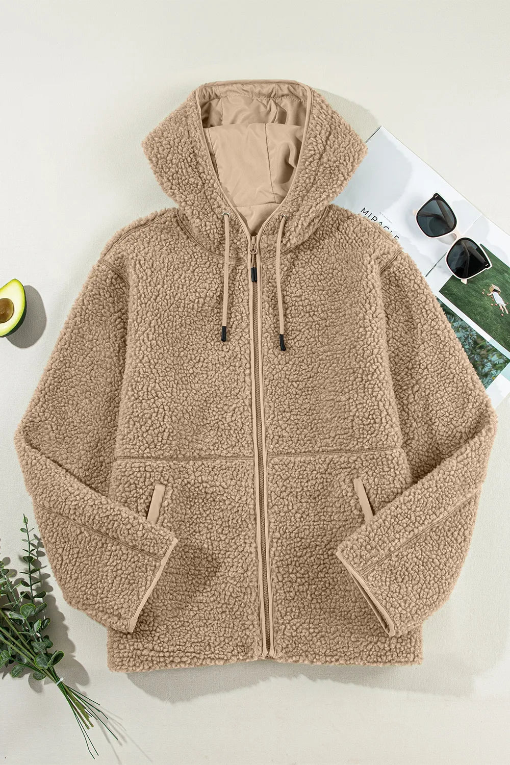 Drawstring Fleece Zip Up Hooded Jacket-Nordavory