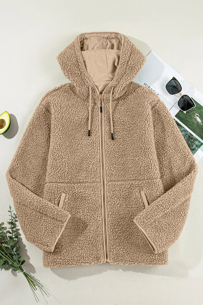 Drawstring Fleece Zip Up Hooded Jacket-Nordavory