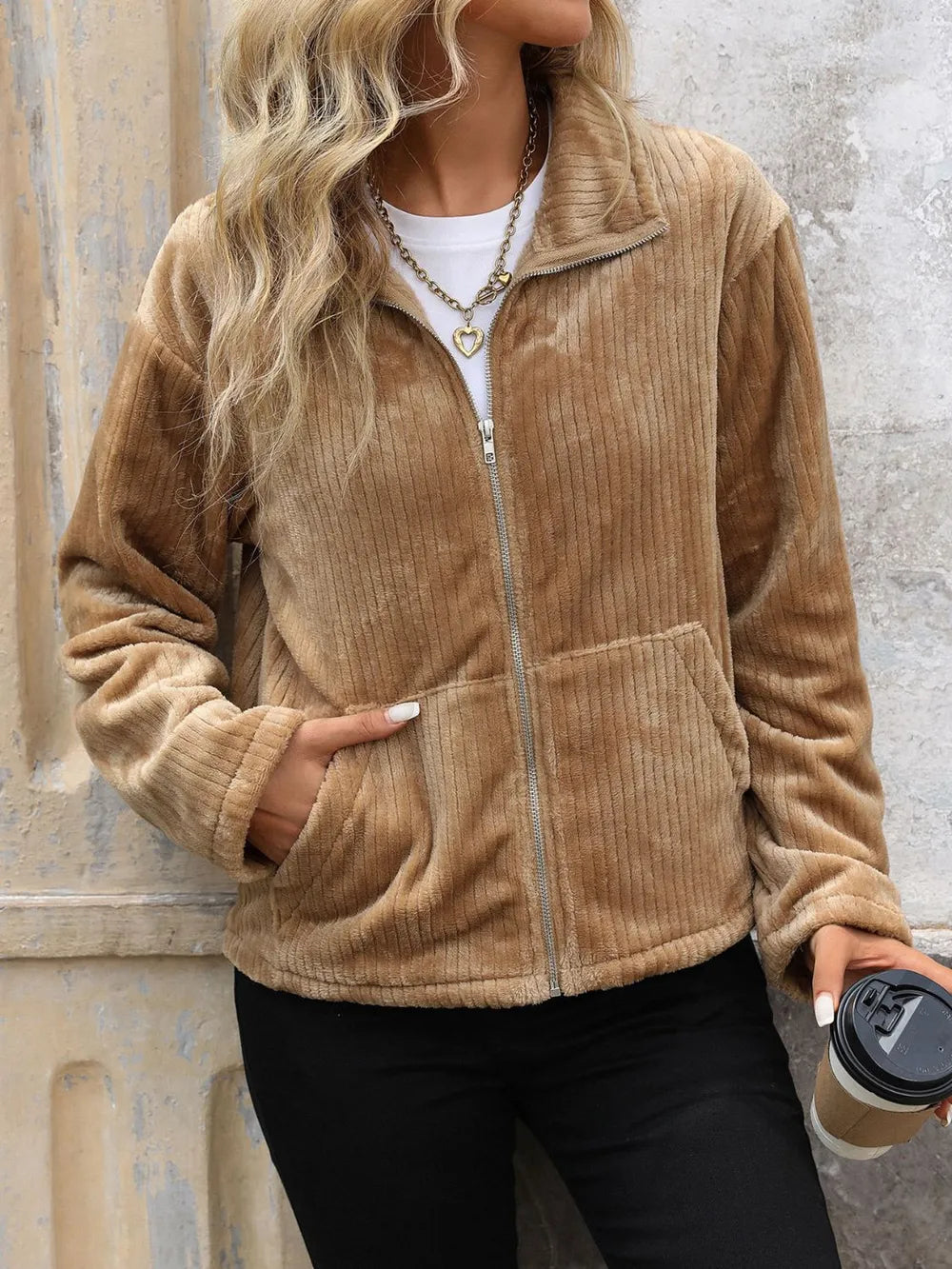 Perfee Pocketed Zip Up Collared Neck Long Sleeve Jacket-Nordavory
