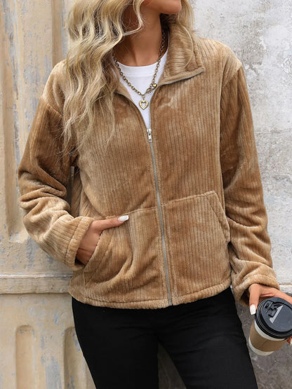 Perfee Pocketed Zip Up Collared Neck Long Sleeve Jacket-Nordavory
