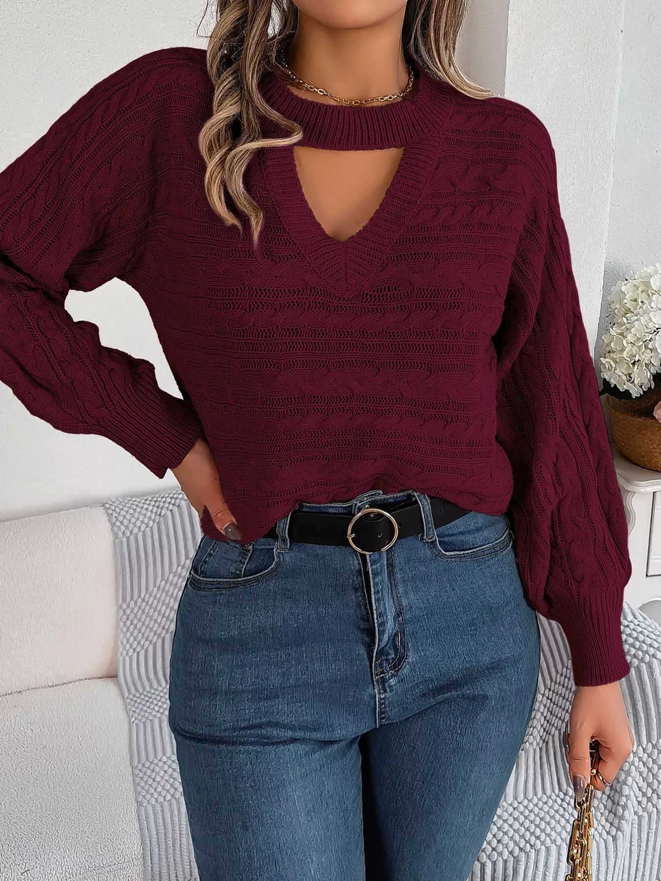 Cable-Knit Cutout Round Neck Sweater-Nordavory