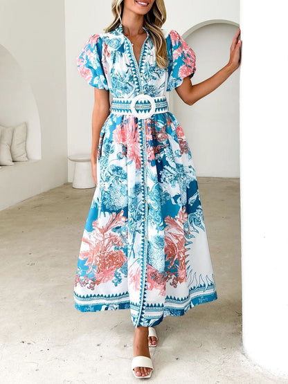 Printed Puff Sleeve Midi Dress-Nordavory