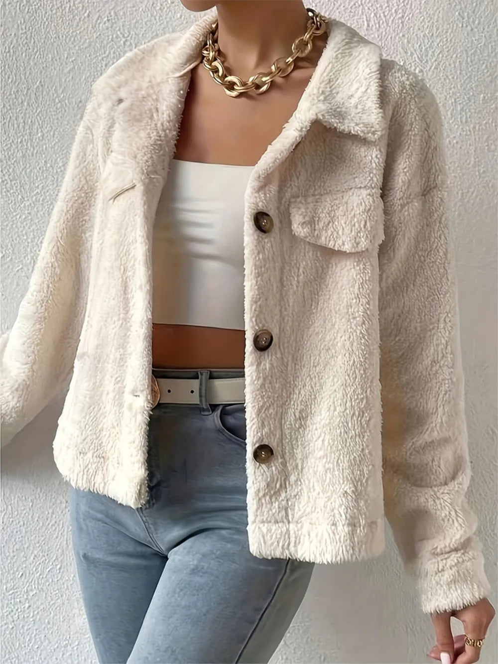 Collared Neck Button Up Jacket with Decorative Pocket Flaps-Nordavory