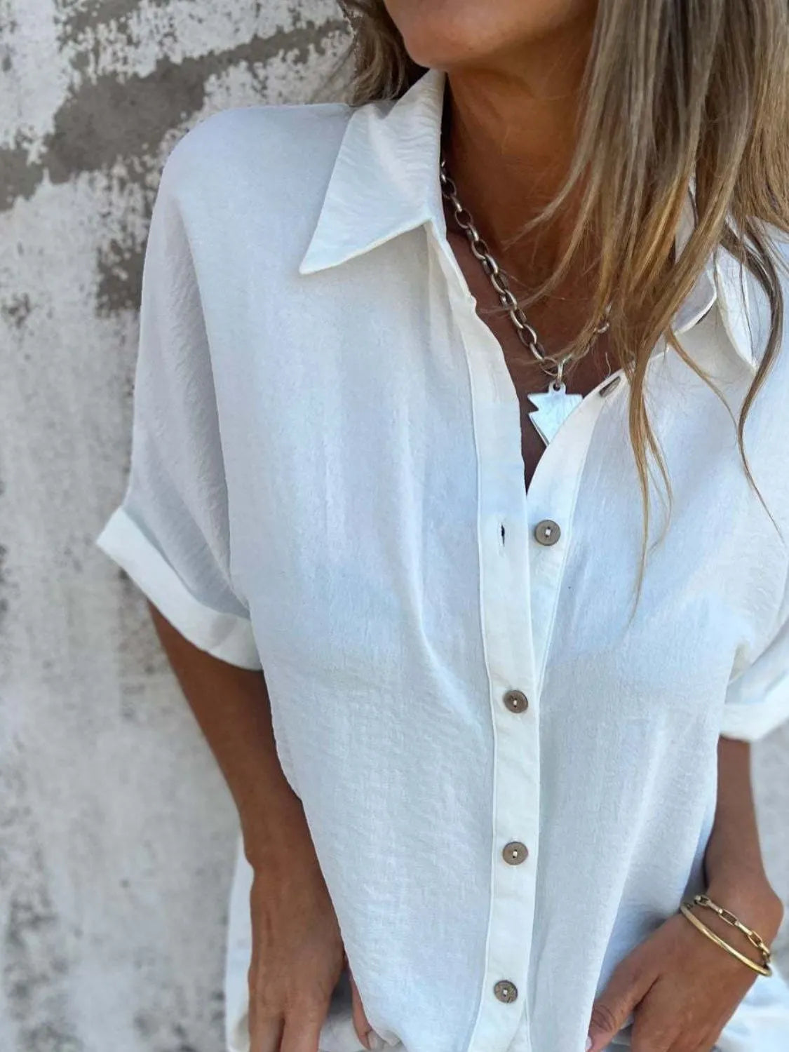 Full Size Collared Neck Half Sleeve Shirt Plus Size-Nordavory