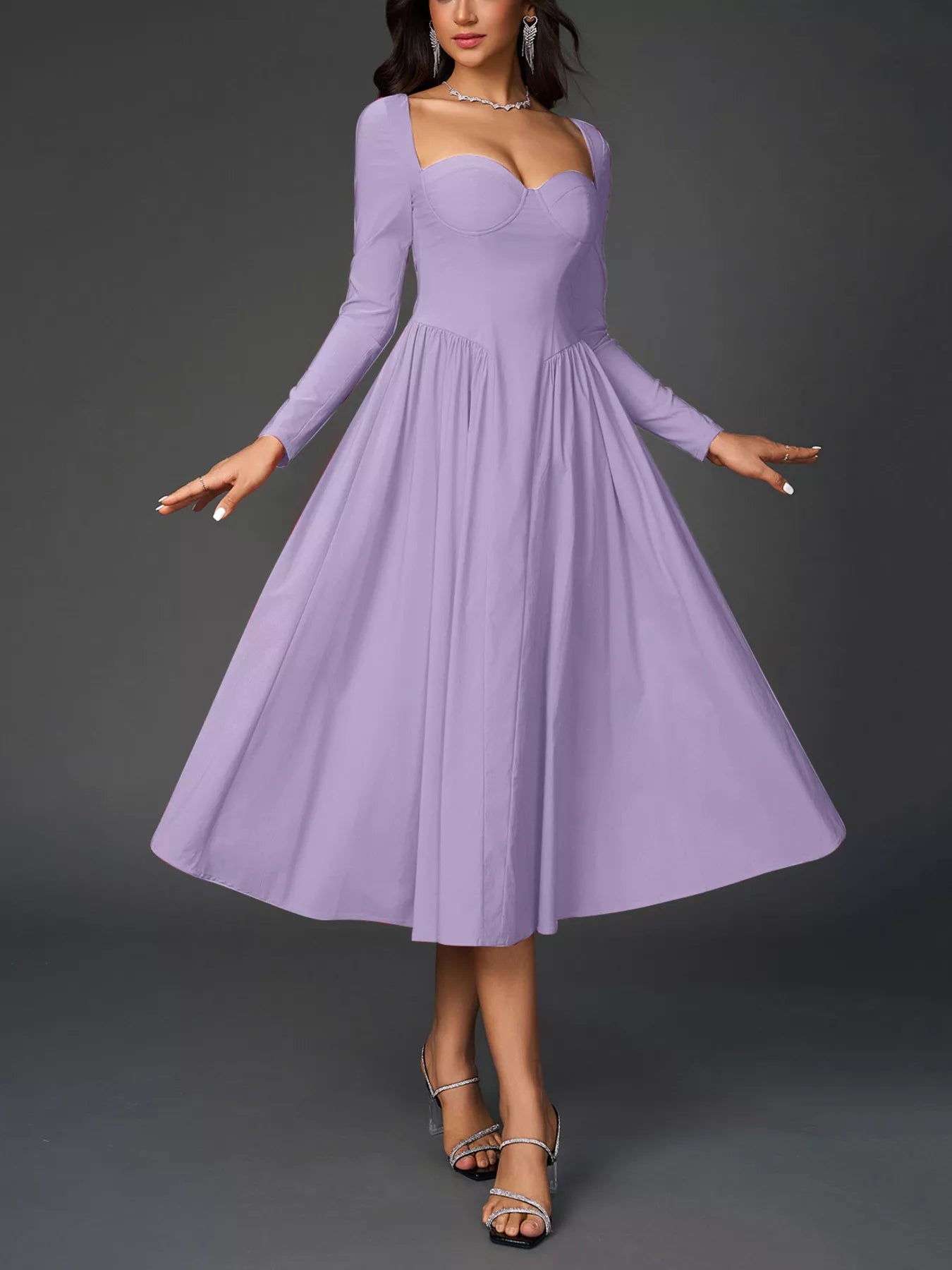 Sweetheart Neckline Long Sleeve A-Line Midi Dress-Nordavory