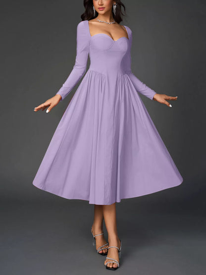 Sweetheart Neckline Long Sleeve A-Line Midi Dress-Nordavory